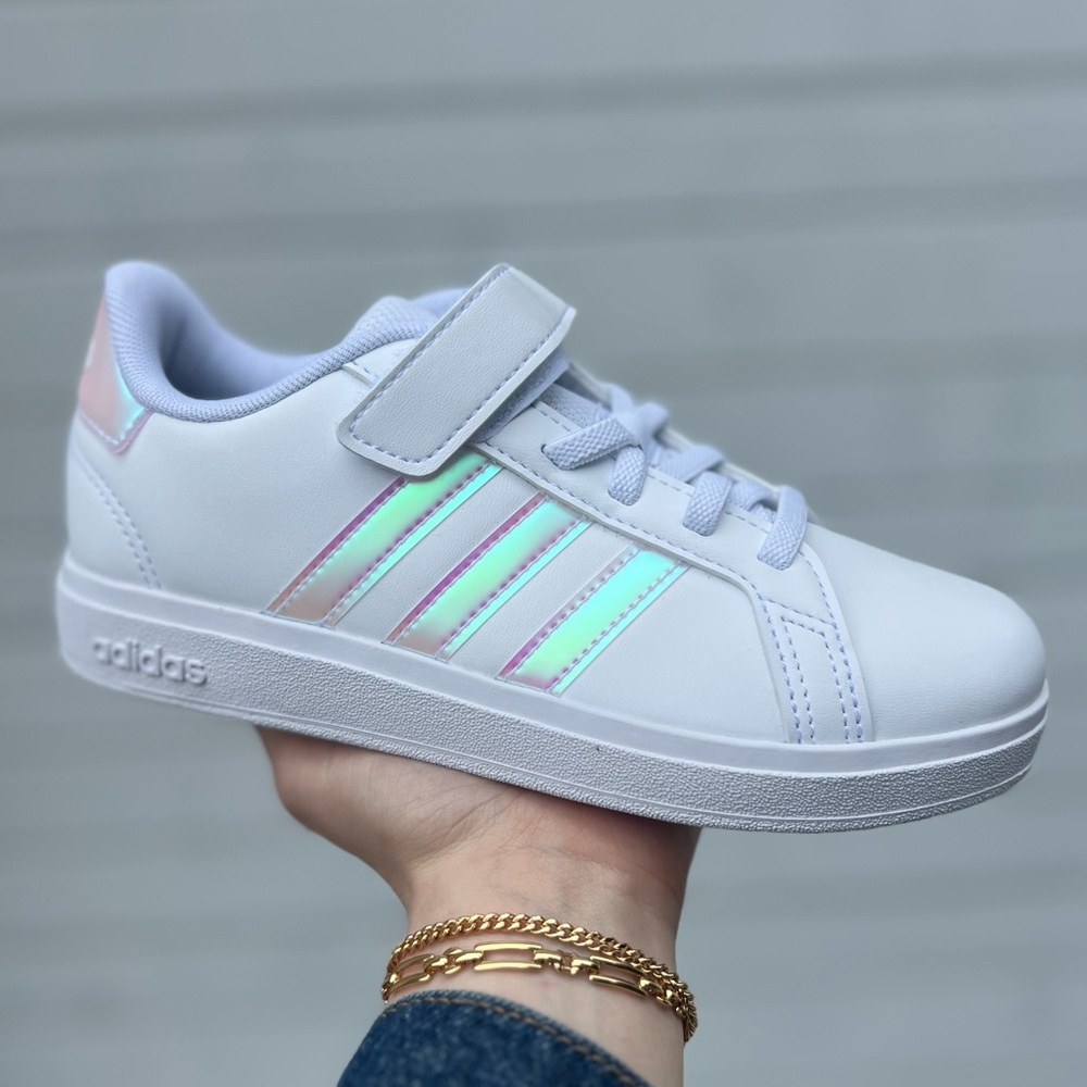 851 | Adidas Grand Court Kids Girls White Sneakers with Iridescent Stripes - Picture 9 of 10